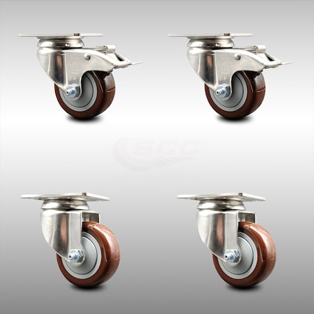 Service Caster 3.5 Inch 316SS Maroon Polyurethane Wheel Swivel Plate Caster Lock Brakes, 2PK SCC-SS316TTL20S3514-PPUB-MRN-2-S-2